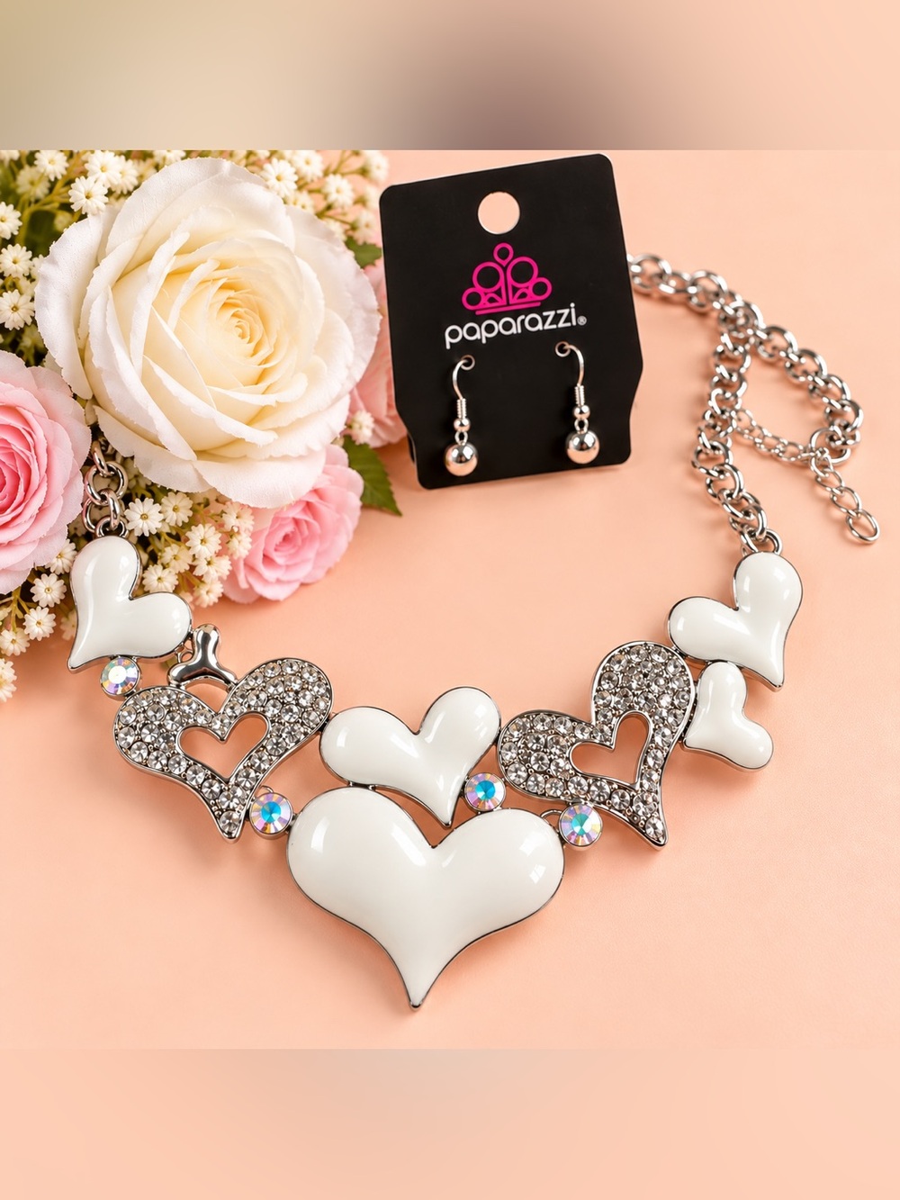 paparazzi White Heart Crystal Statement Necklace and Earrings